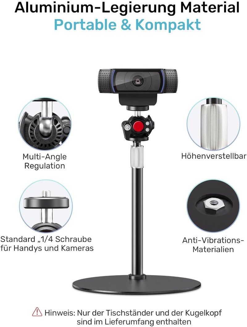 Etour Webcam Tripod Stand for Desk, 2025 Upgrade Small Base & 360° Ballhead & Height Adjustable, Ideal for Logitech Webcam C922 C930e C920 C615 C960 BRIO 4K NexiGo N60, Phone Holder with 1/4" Thread - Image 4